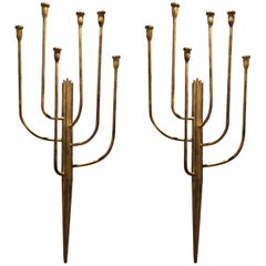 Pair of Monumental French Six-Light Gilt Iron Wall Sconces
