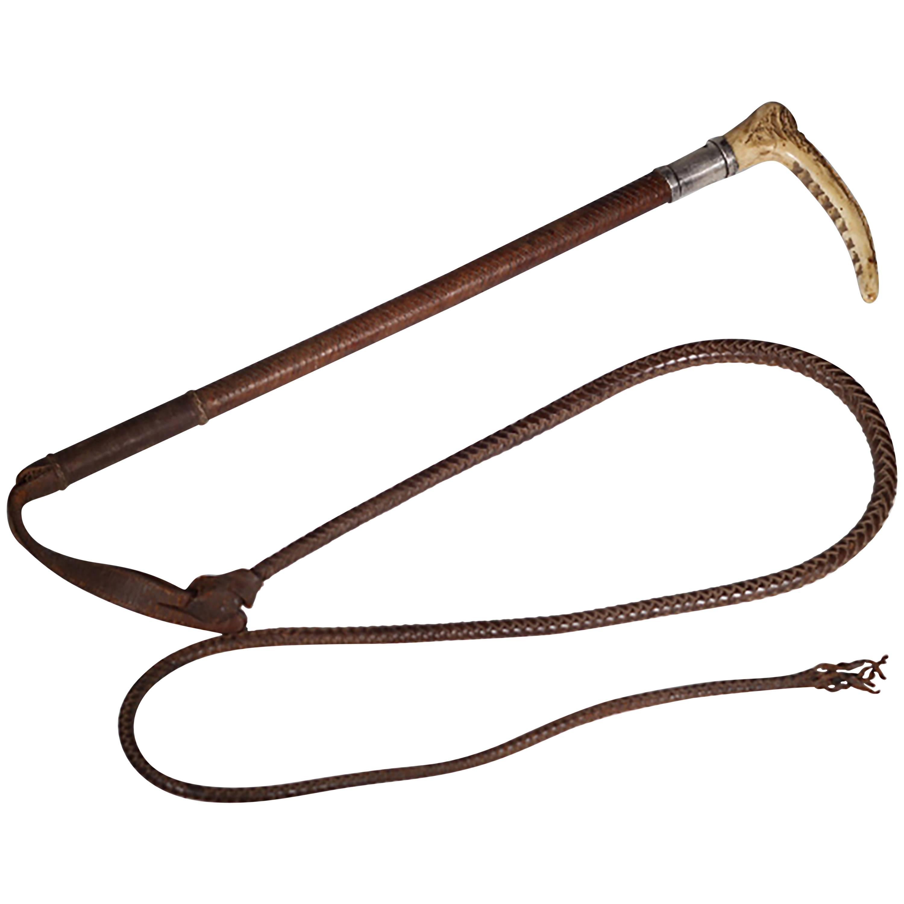 Antique Leather, Horn and Sterling Silver Riding Crop and Whip