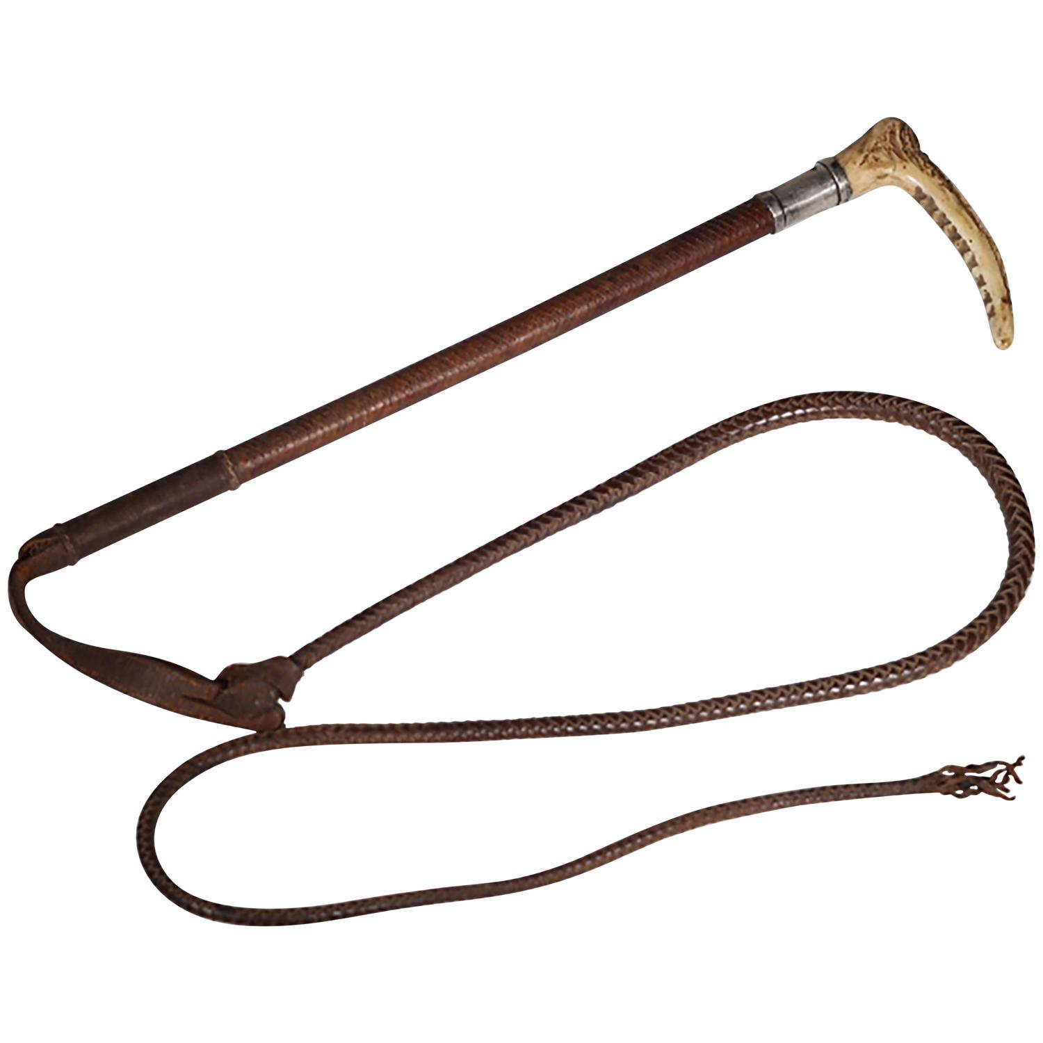 Antique Leather, Horn and Sterling Silver Riding Crop and Whip For Sale
