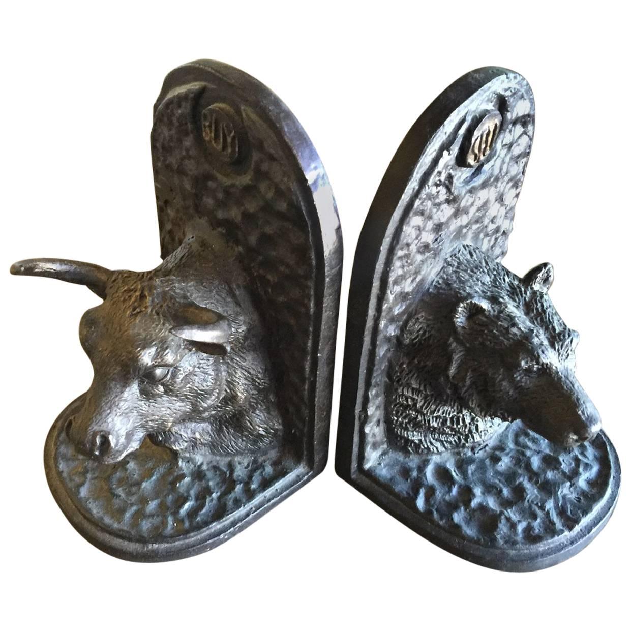 Fabulous Pair of Vintage Bull/Bear Bas Relief Iron Bookends