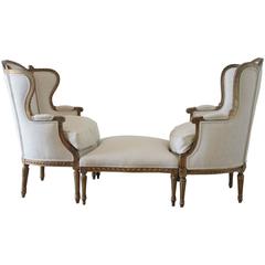 19th Century French Louis XVI Style Giltwood Duchesse Brisee in Belgian Linen