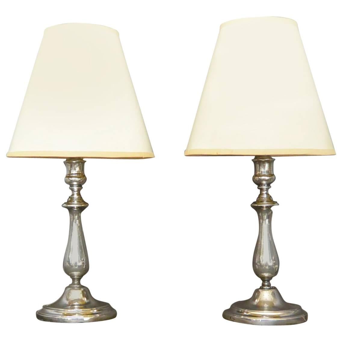 Pair Christofle Silver Candlestick Lamps For Sale
