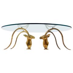 Exotic Hollywood Regency, 1960s Brass Long Horn Gazelle Coffee Table