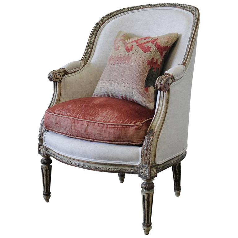 Louis XVI Antique Painted French Bergere Chair in Natural Linen at 1stDibs