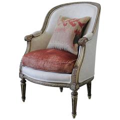 Louis XVI Antique Painted French Bergere Chair in Natural Linen