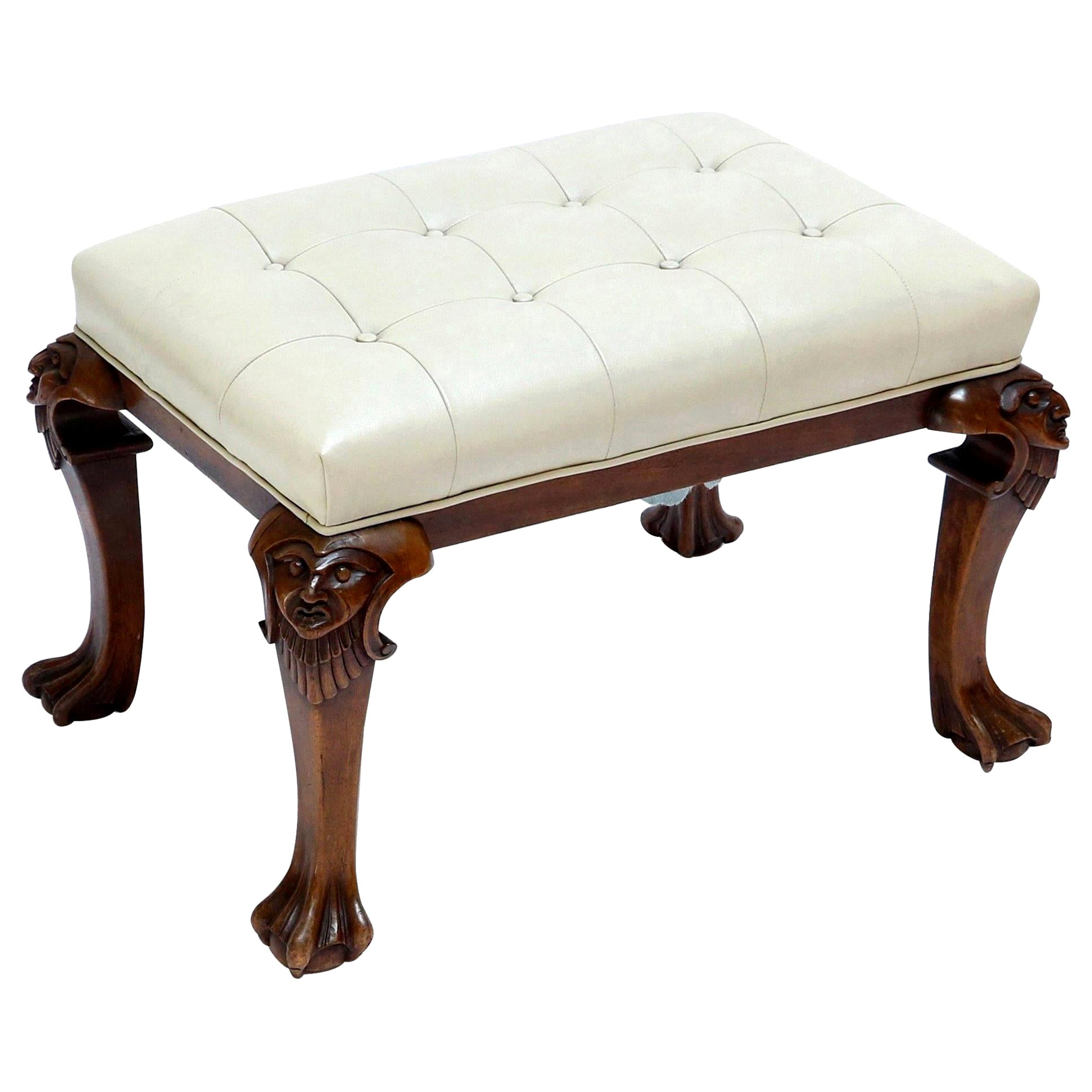 1960s, Italian Carved Wood Tufted Tan Leather Bench