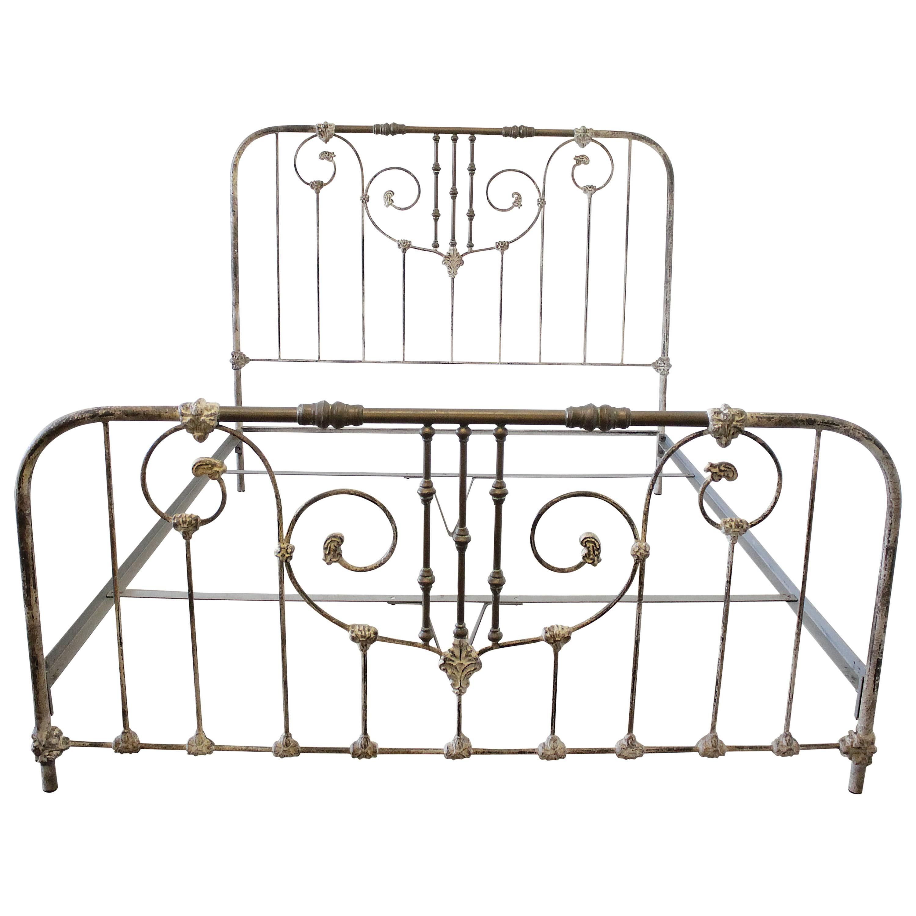 Vintage King-Size Parisian Style Iron Bed with Distressed Paint Finish