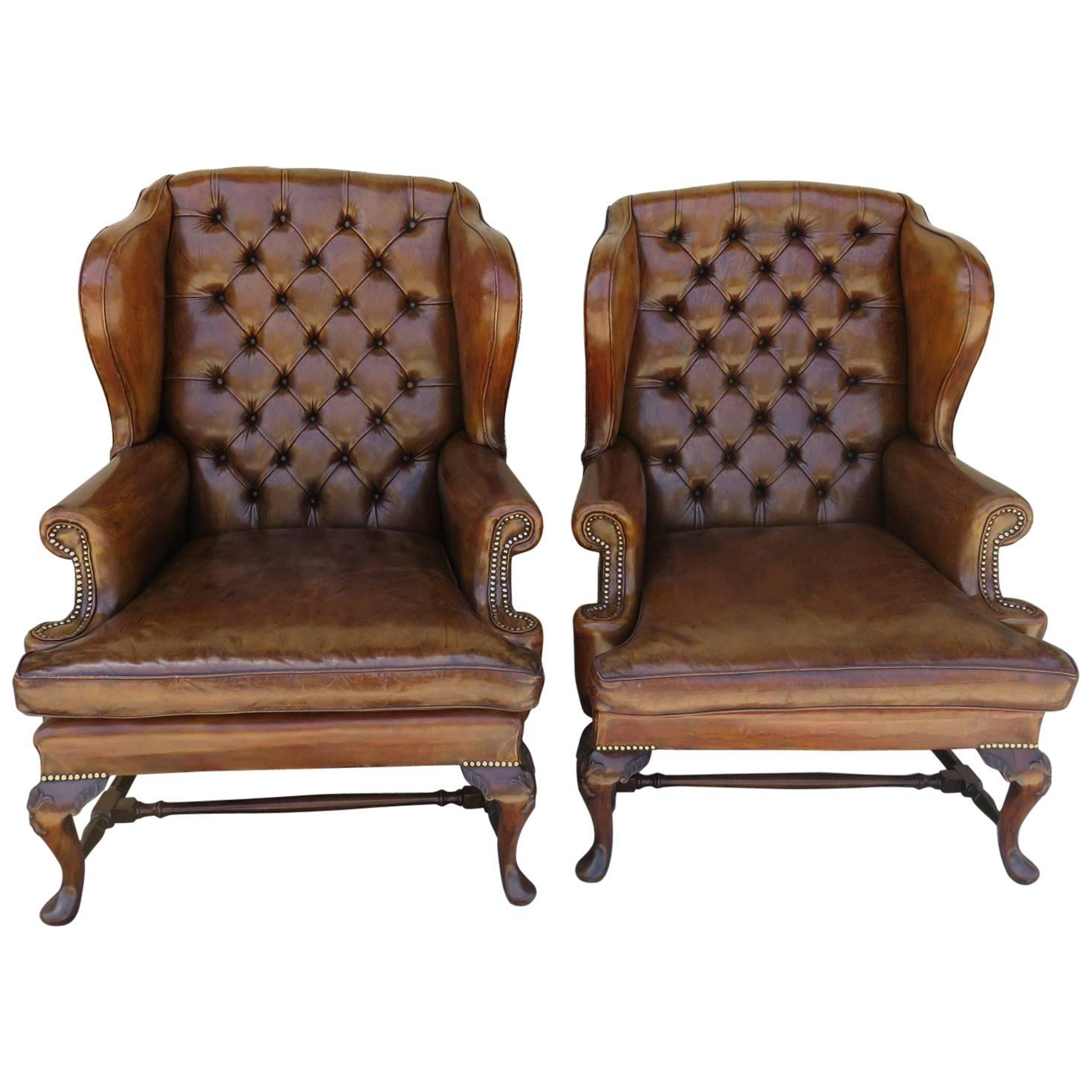 Pair of 1930s English Wing Chairs in Leather