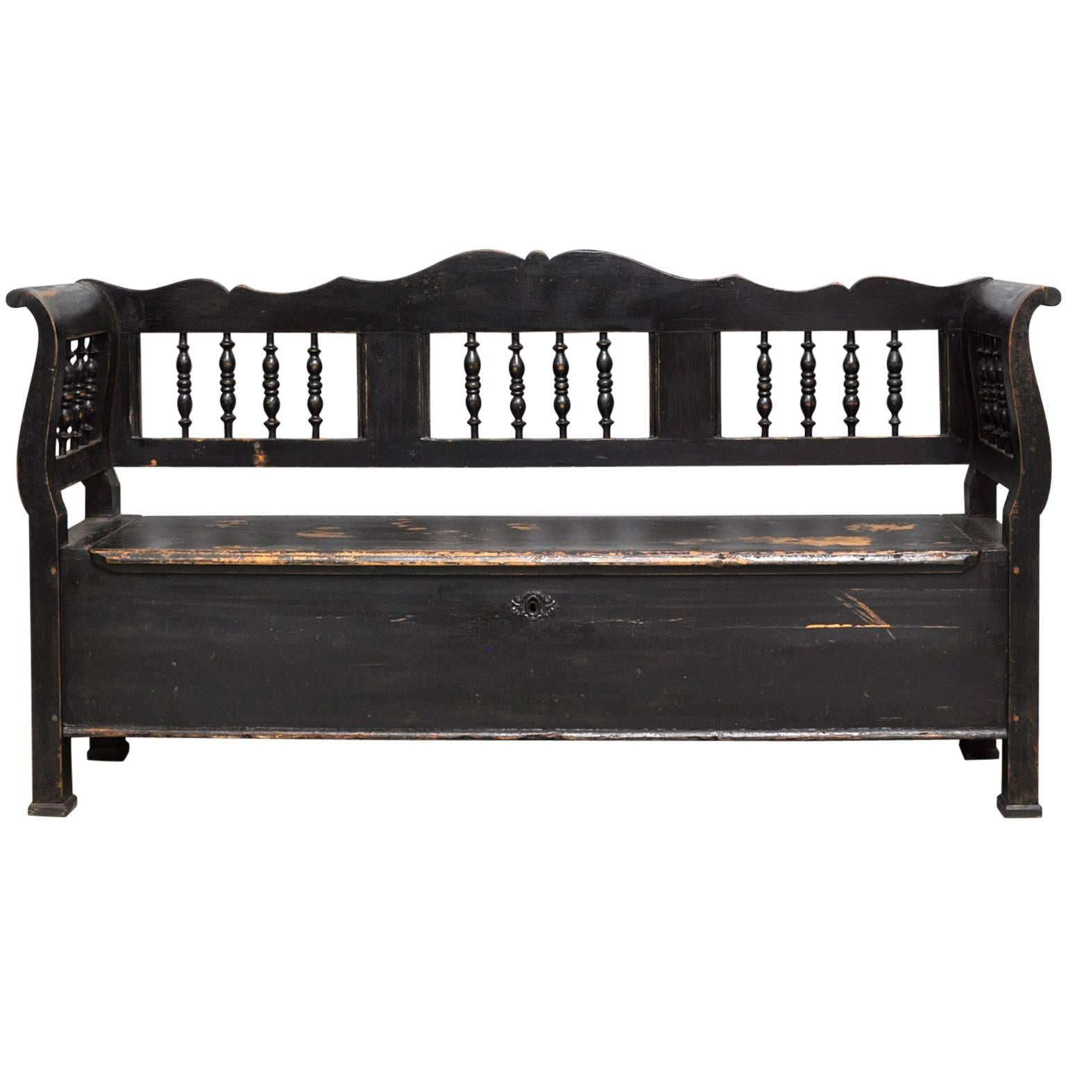 Antique Storage Bench with Original Black Paint, circa 1900