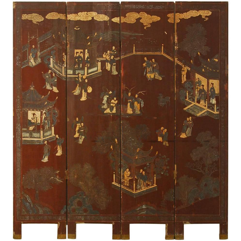 19th Century Four Panel Lacquered Coromandel Screen
