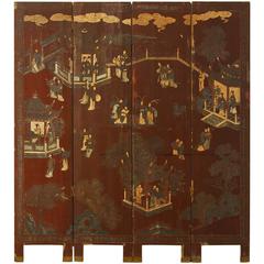 Antique 19th Century Four Panel Lacquered Coromandel Screen