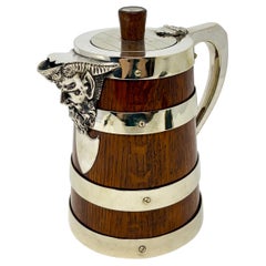 Antique English Silver-Plate Mounted Golden Oak Tankard, Circa 1890.