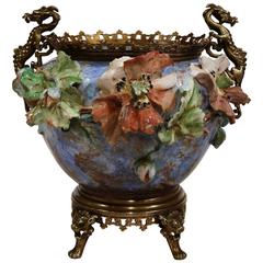 19th Century French Hand-Painted Barbotine Cache Pot with Bronze Mount and Base