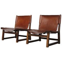 Pair of Beautiful Tanned Leather Swedish Oak Hunting Chairs