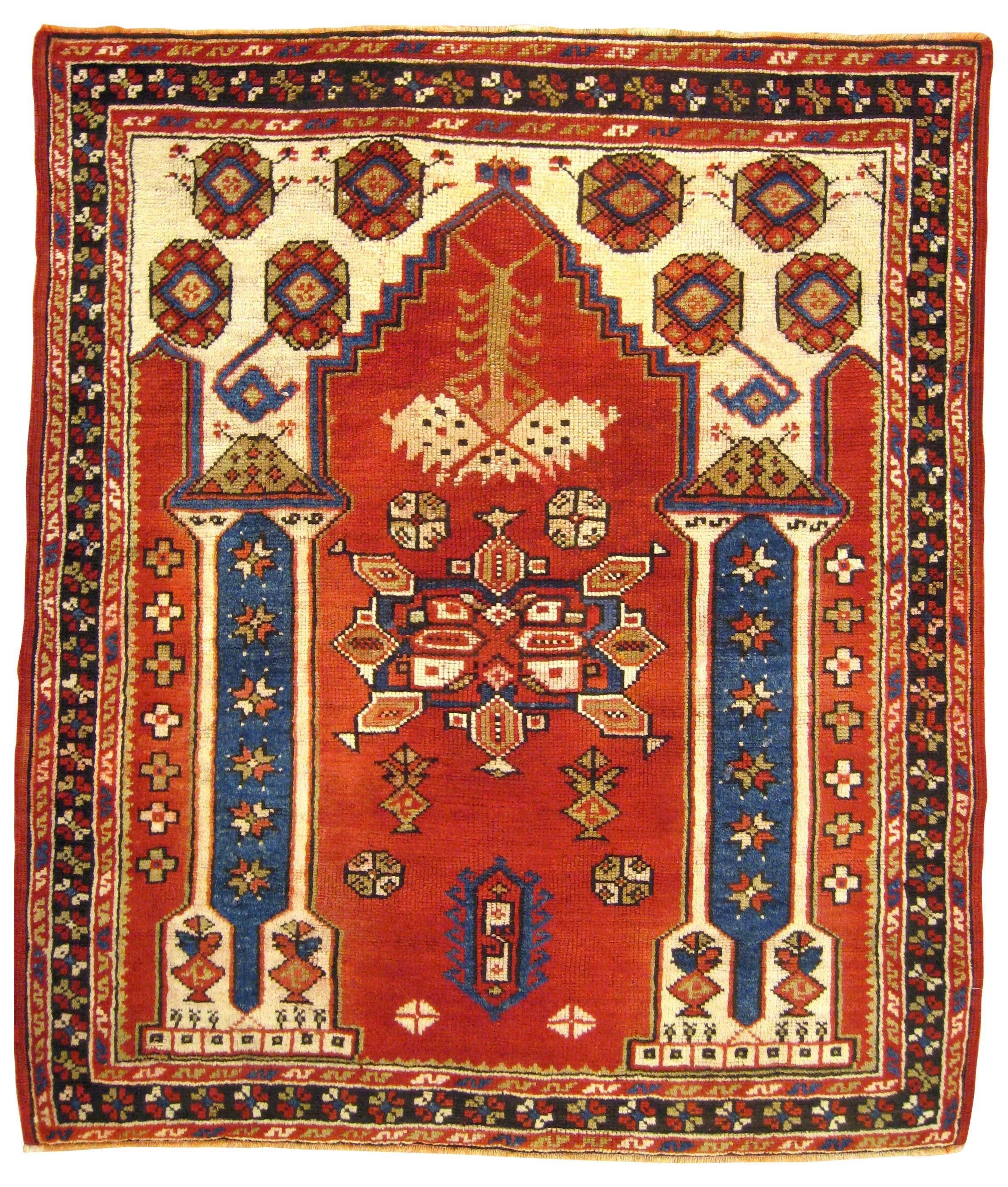 Antique Turkish Bergamo Oriental Rug, Small Square Size, with Pillars and Arch
