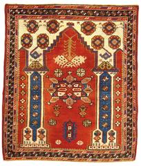 Antique tapis oriental turc de Bergame:: petit format carré:: avec piliers et arcade