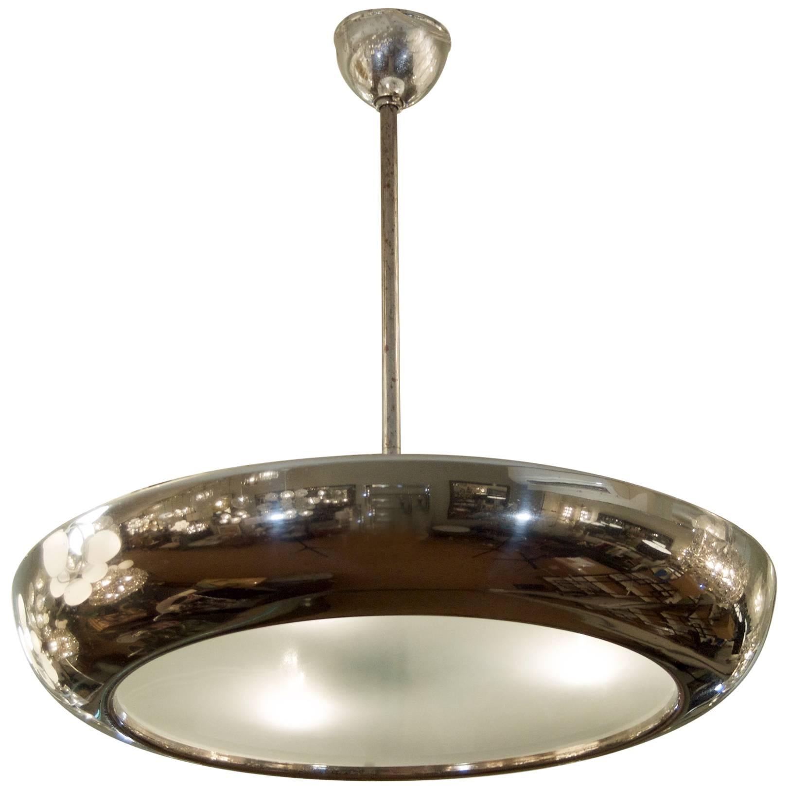 Josef Hurka Pair of Frosted Glass Pendants with Chrome Surround For Sale