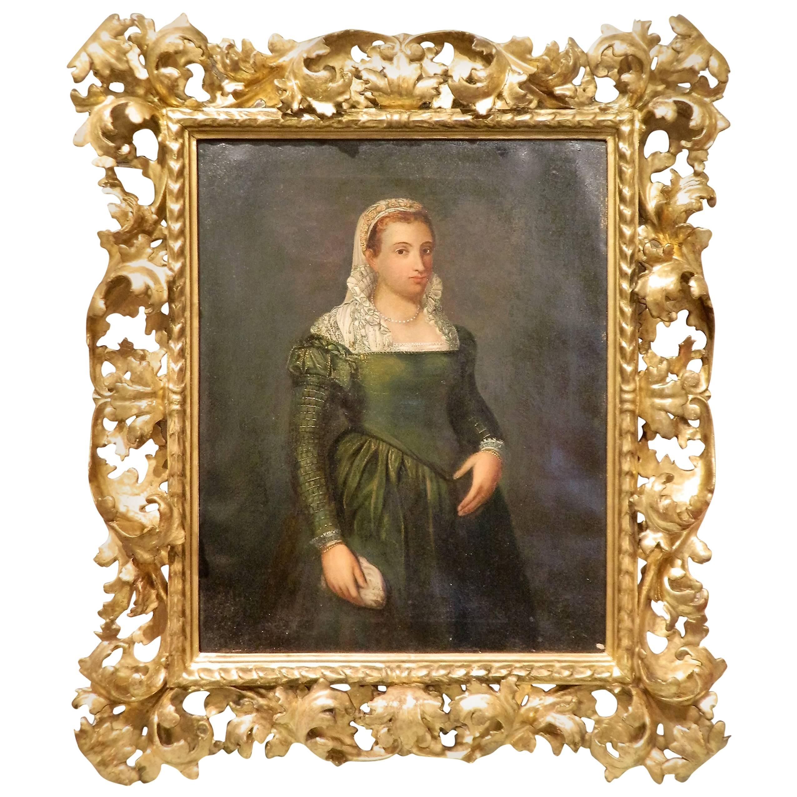 Oil on Canvas English Portrait of a Lady in a Gold Gilt Frame, 19th Century