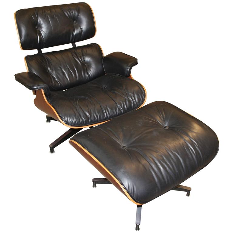 Classic Eames Black Leather 670 Chair and 671 Ottoman with Labels at