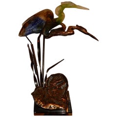 Bronze Heron and Molten Glass, Signed Lohe, 1970-1980 