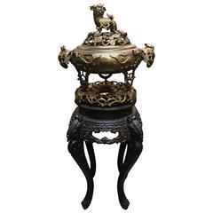 Vintage Impressive Chinese Brass "Squirrel and Grape" Censer on Japanese Export Stand