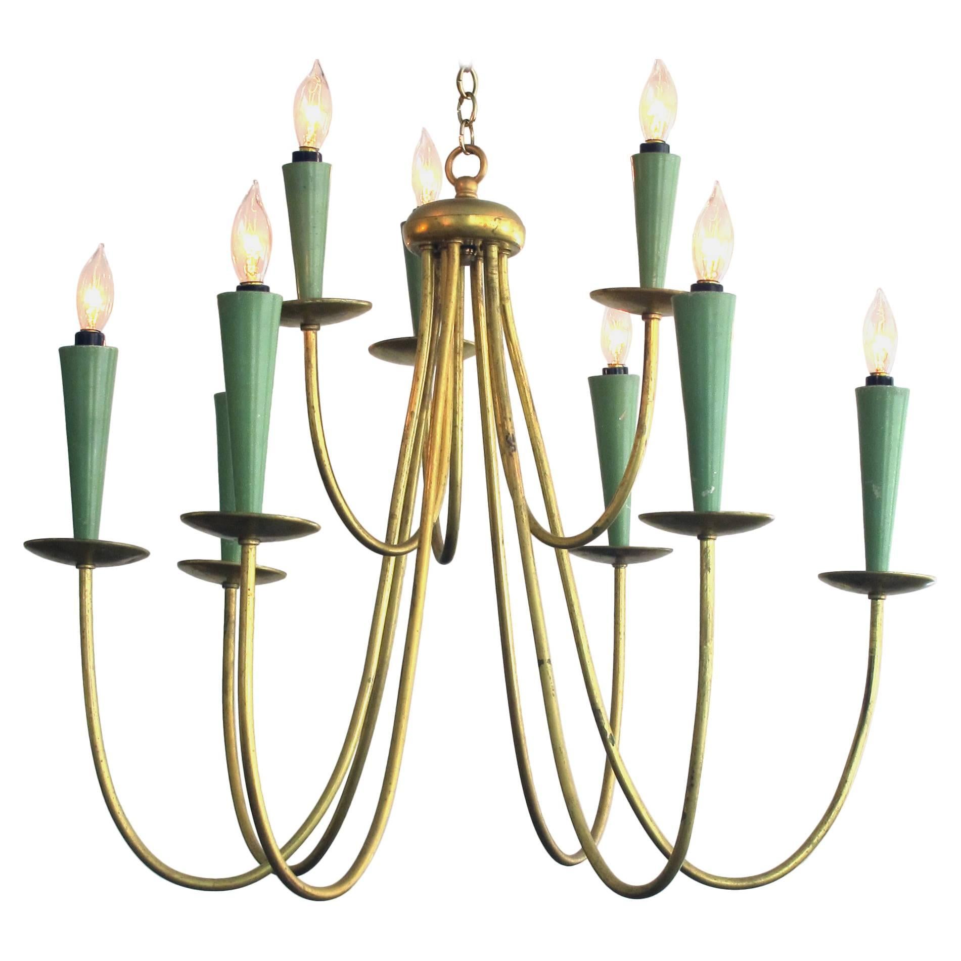 Chic Italian Gilt and Painted Metal Nine-Arm Chandelier