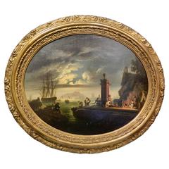 French Oil on Canvas "Moonlit Harbor, " Late 18 Century