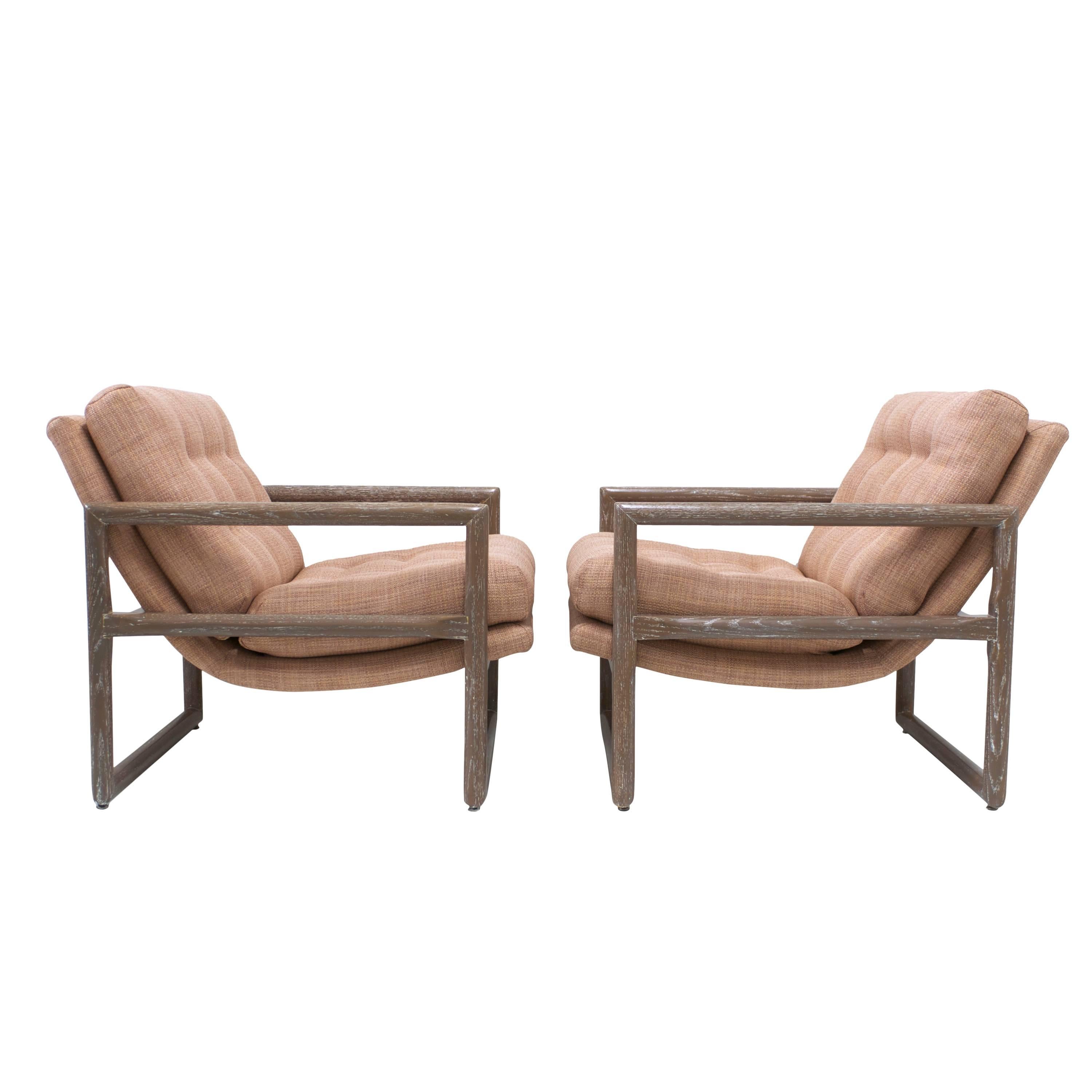 Pair of Milo Baughman Grey Cerused Oak Scoop Cube Lounge Chairs