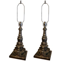 Used Pair of Iron Silver Leaf Architectural Elements Adapted as Lamps, 19th Century