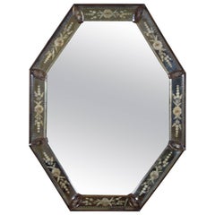 Antique Venetian Inspired Reverse Etched Glass Octagonal Mirror, 19th Century