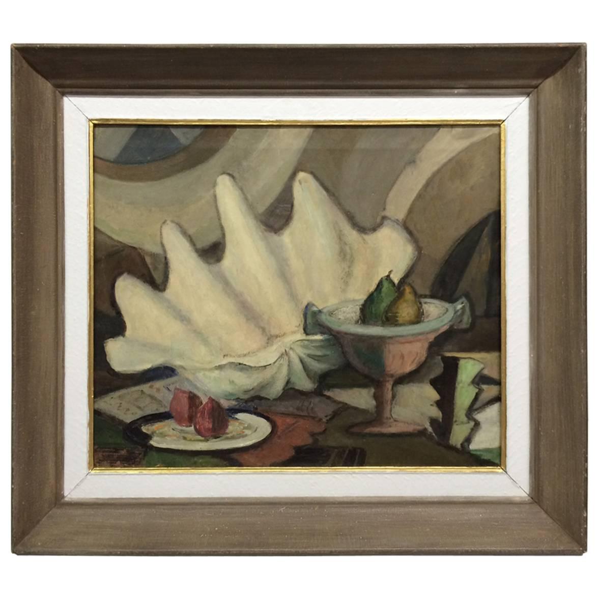 1940s Still Life Composition Painting with Fruit and Giant Clam