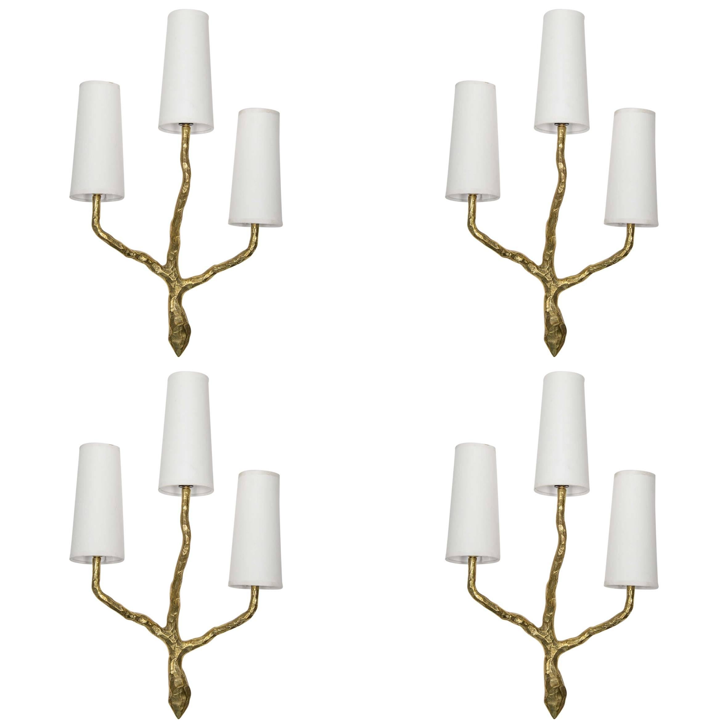 Set of Four Gilded Bronze Brutalist Wall Sconces by Maison Arlus