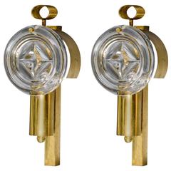 Pair of Brass Wall Sconces with Glass Lenses