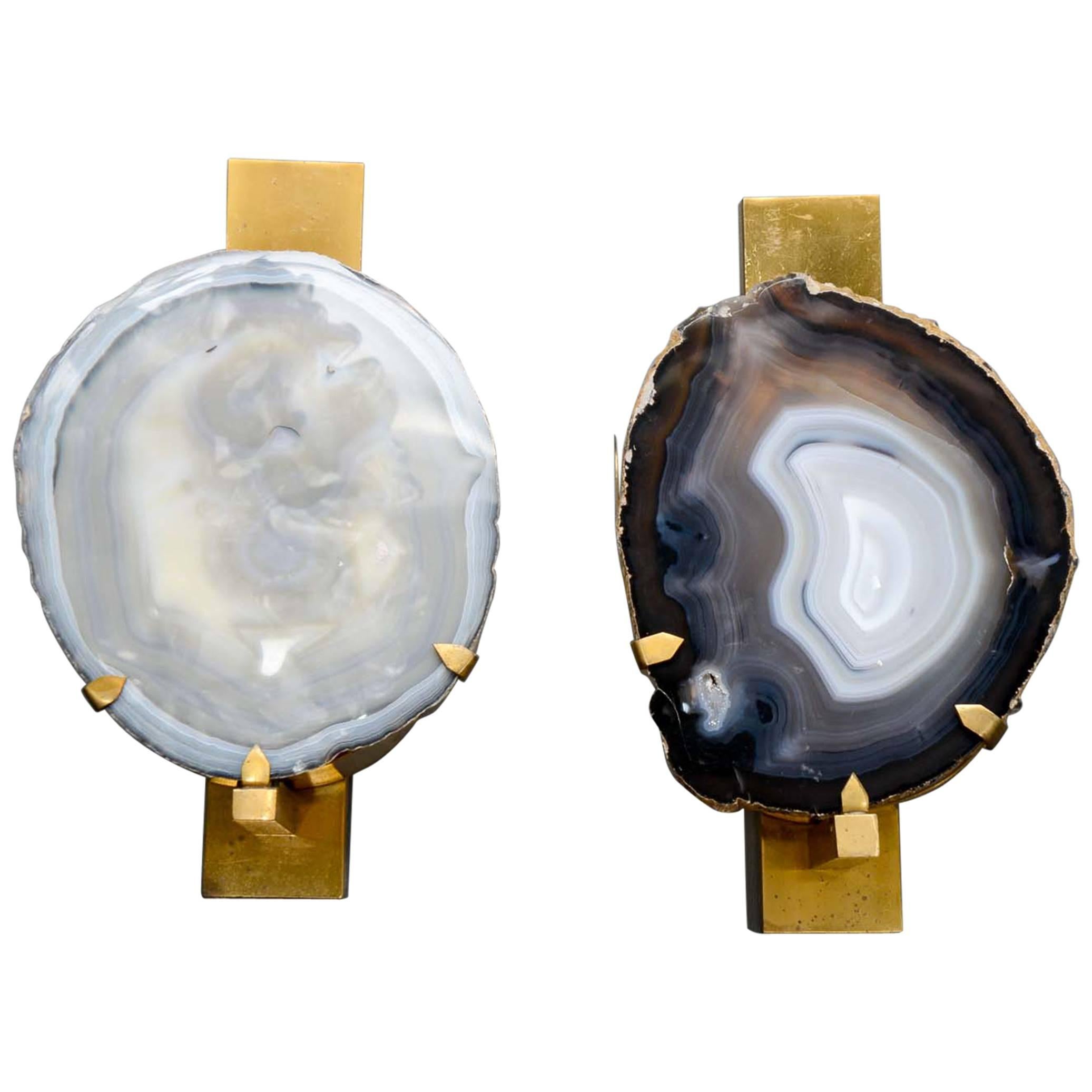 Pair of Brass and Agate Slice Wall Sconces﻿