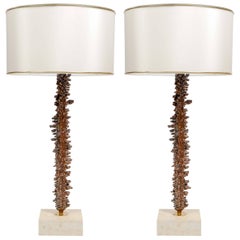 Interesting Copper-Plated and Travertine Pair of Table Lamps