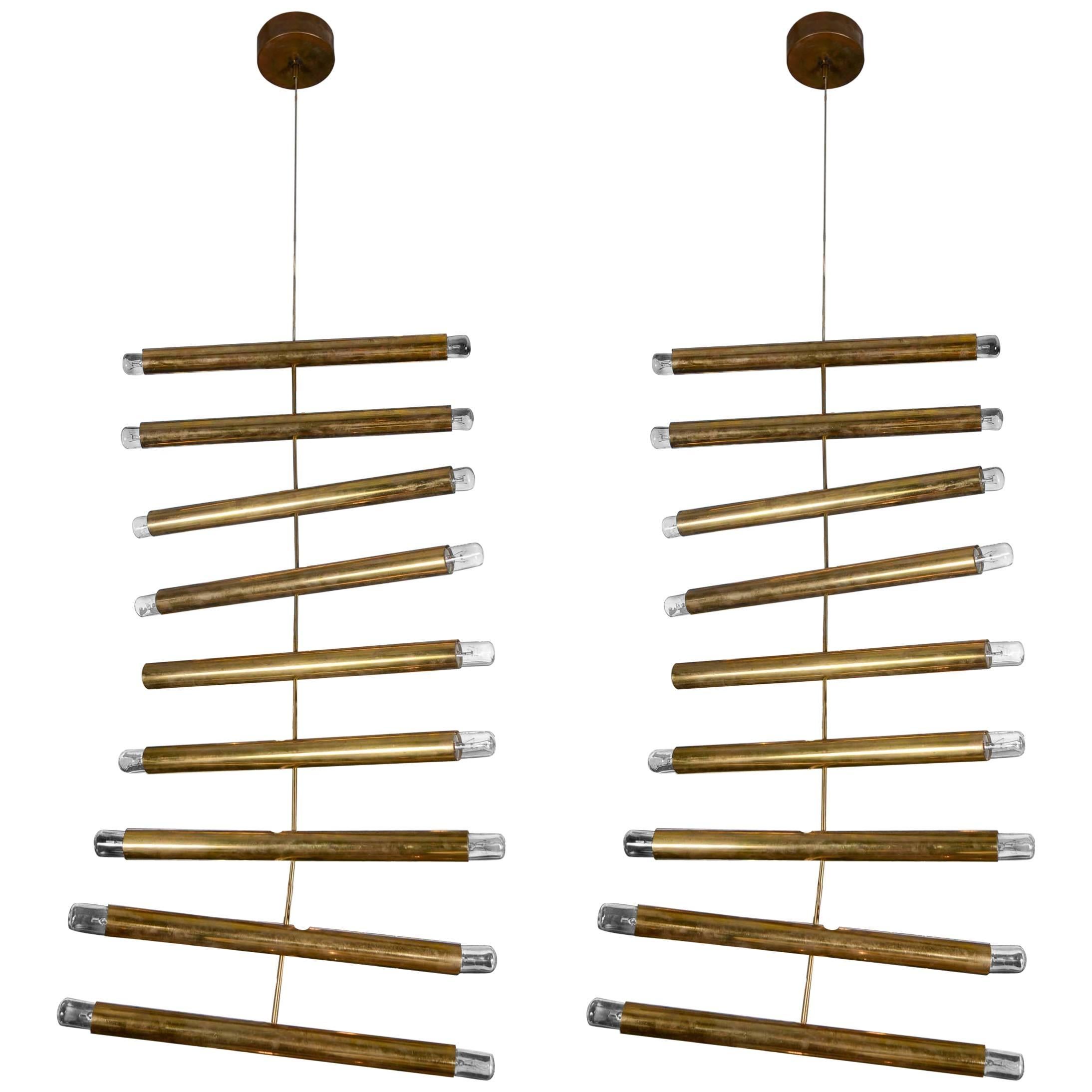 Rare Pair of Giampiero Aloï for Lumi Brass Ladder Chandeliers