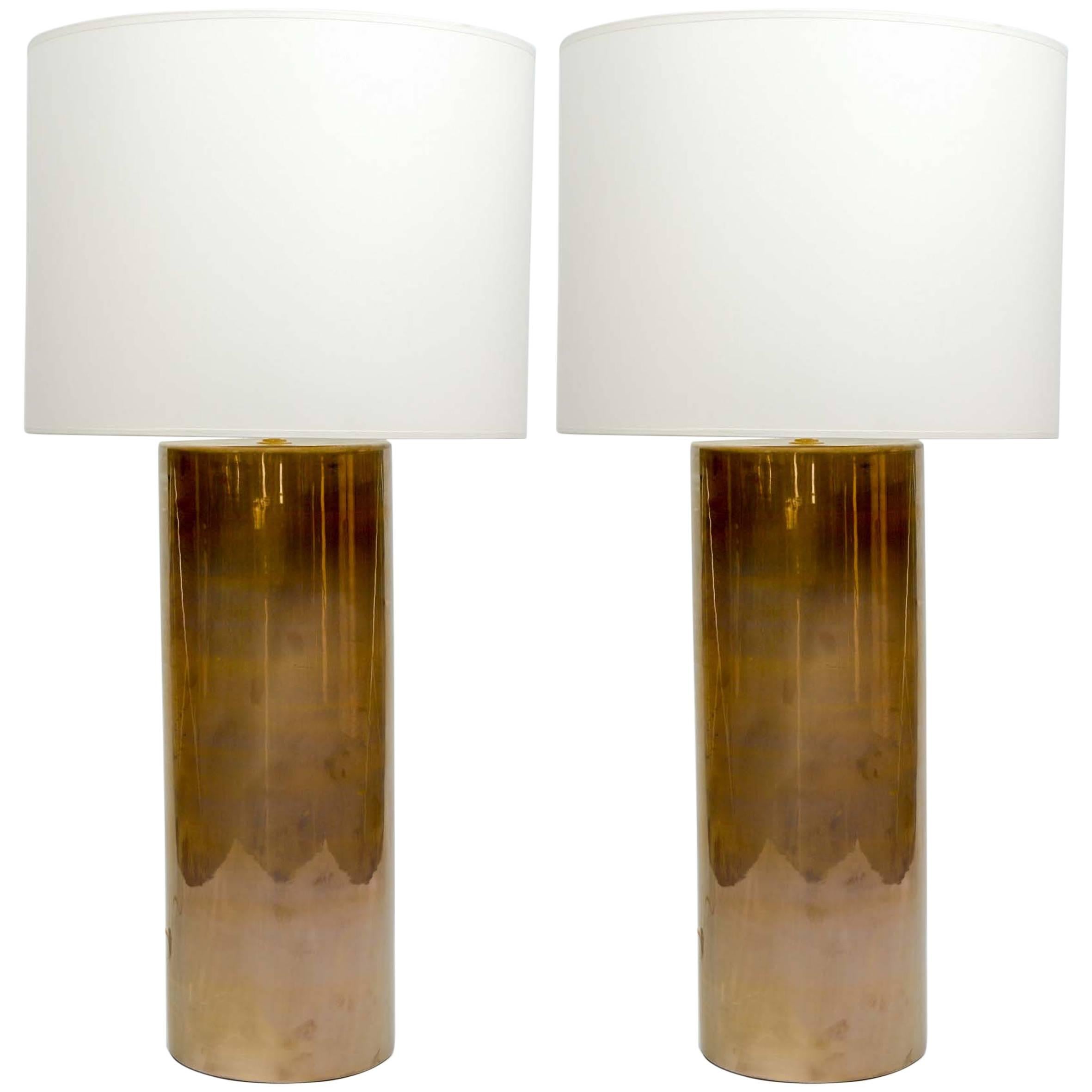 Elegant Pair of Brass Cylinder Lamps