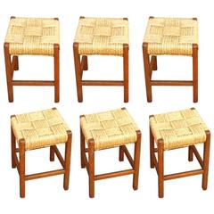 Audoux-Minet Riviera Rarest Set of Six Rush and Oak Stools 8