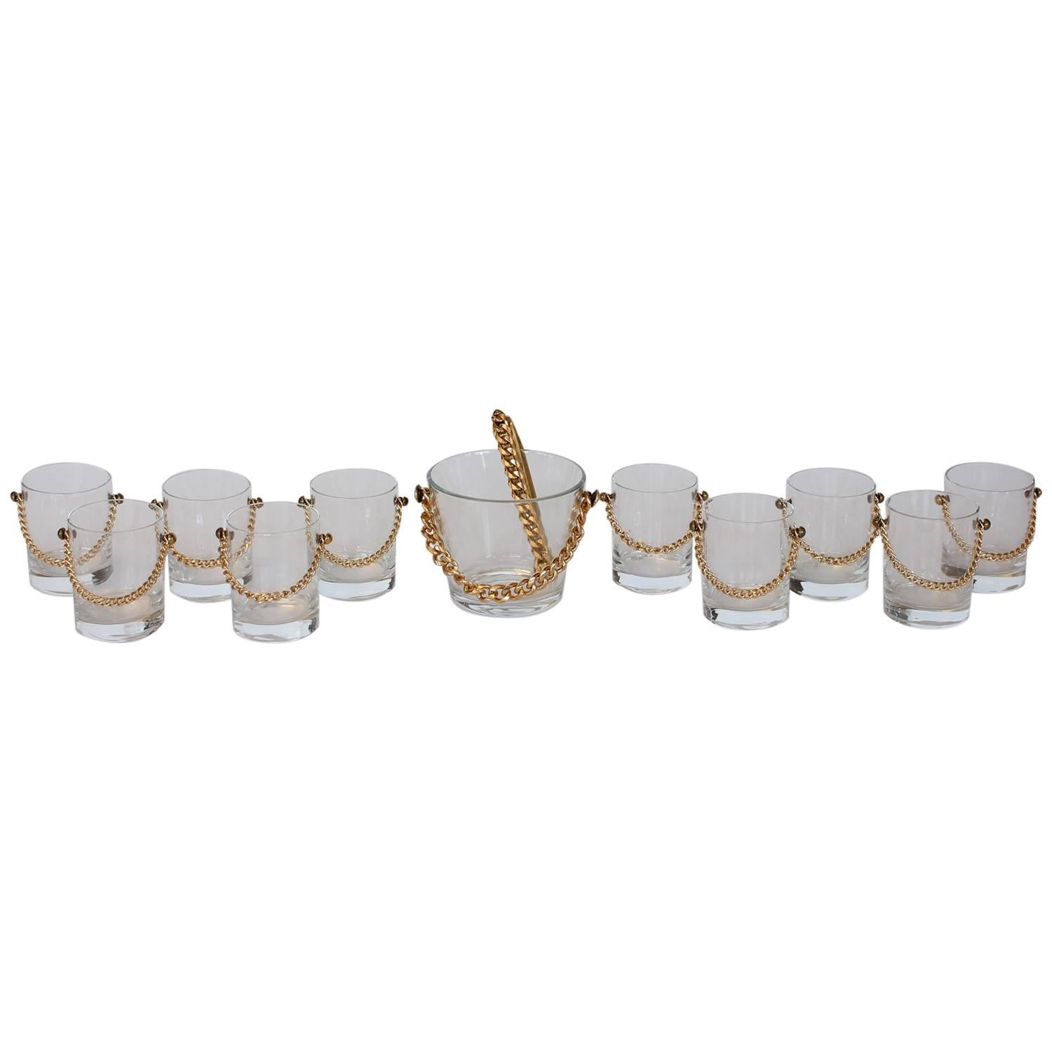 Stylish Modern Glassware Set with Brass Chain For Sale