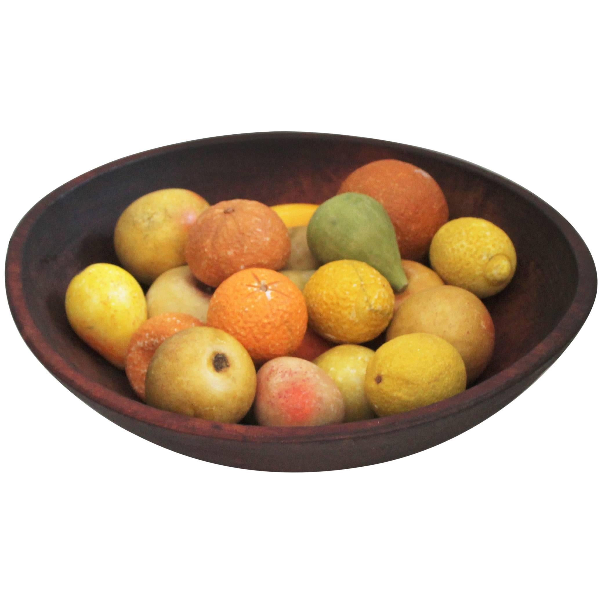 19th Century Wood Butter Bowl with Collection, 24 Pieces Stone Fruit