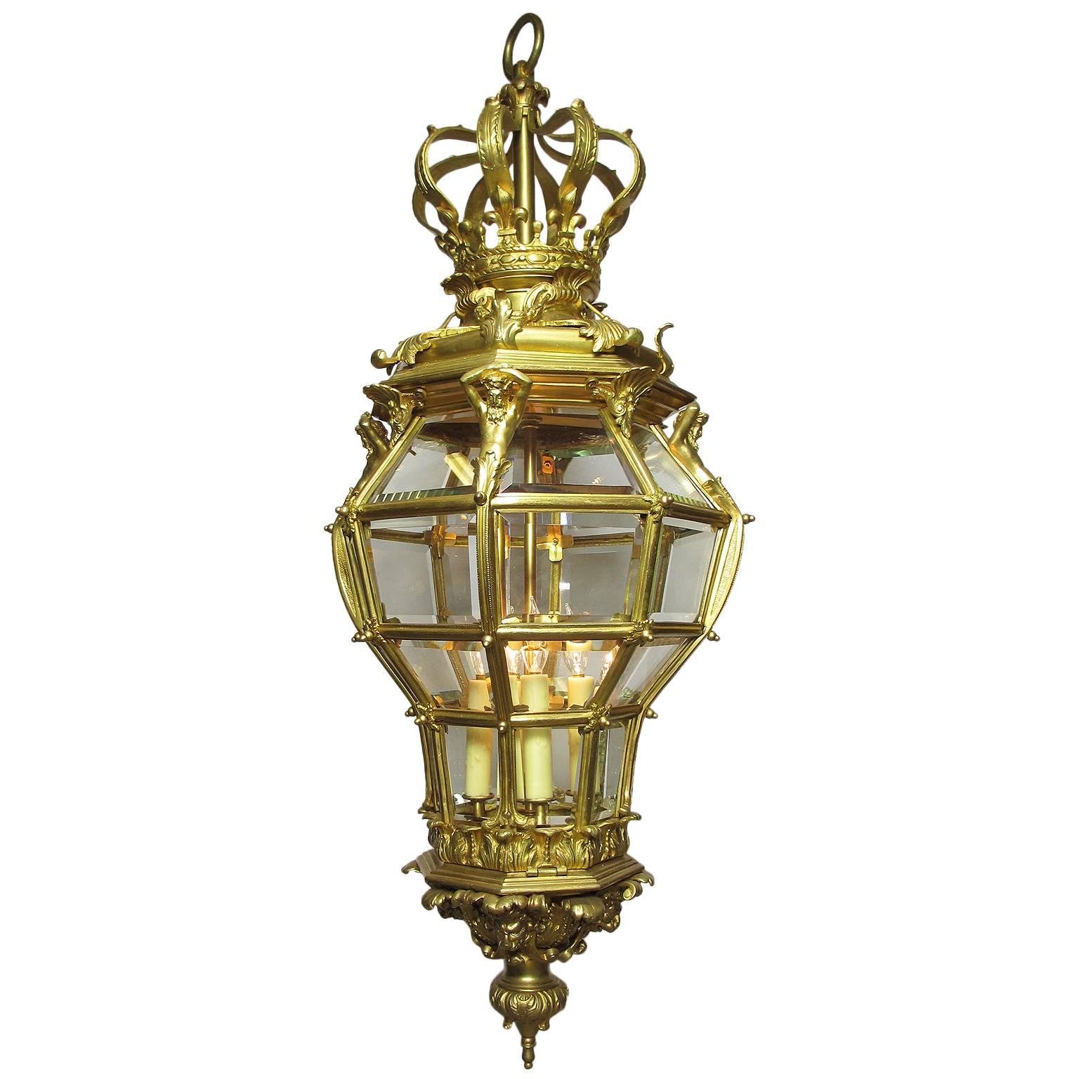 Fine and Large French Louis XIV Style 19th Century Gilt Bronze Figural Lantern For Sale
