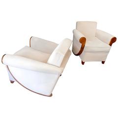 Louis Sognot Superb Comfortable Pair of Club Chairs in Cerused Oak