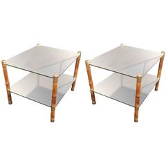 Style of Gabriella Crespi Pair of 2 Tier Bamboo, Brass and Mirror Coffee Tables