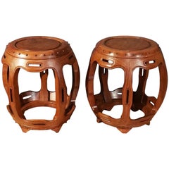 Early 20th Century Pair of Chinese Hardwood Barrel Seats