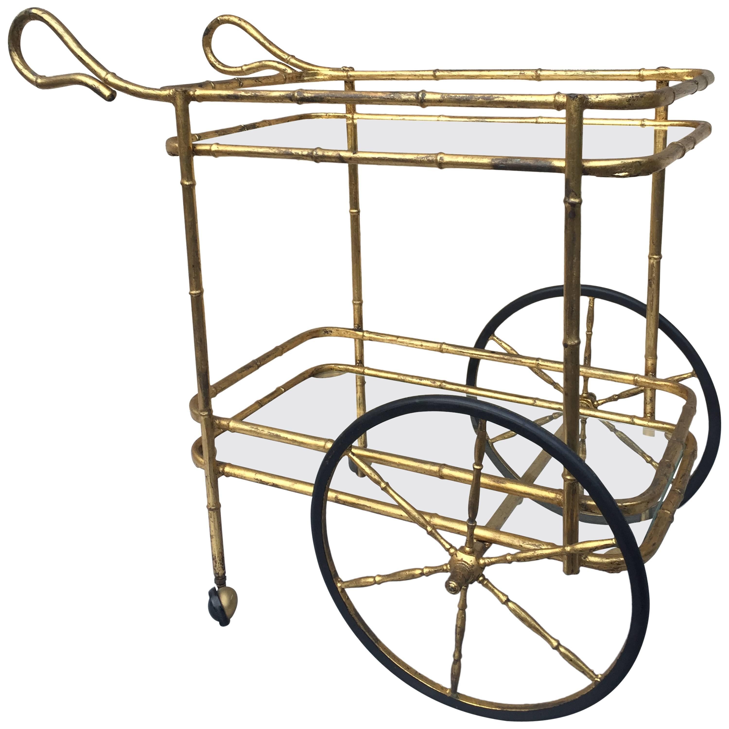 Chariot de bar à roulettes en fer de bambou doré