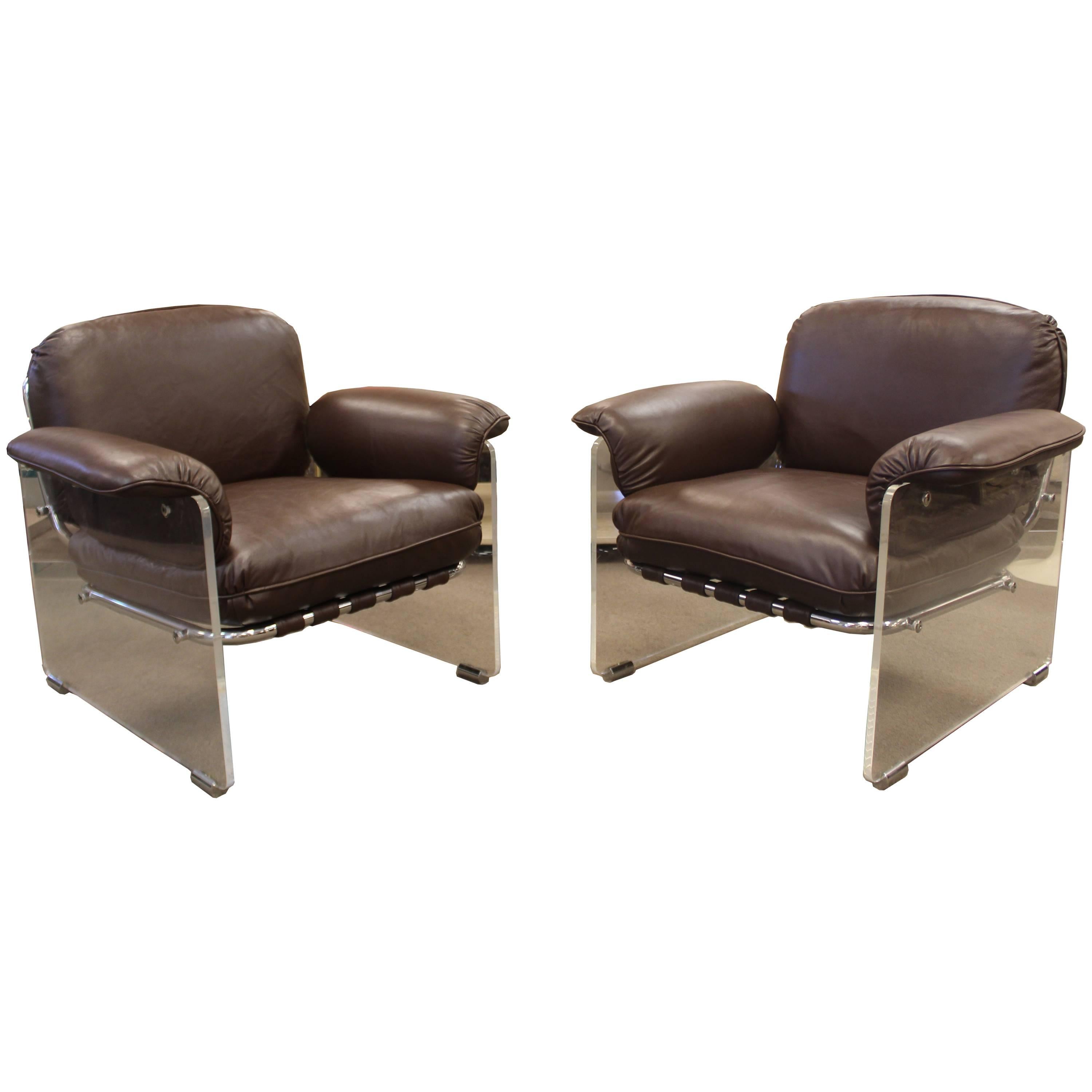 Pair of Lucite and Chrome Pace Argenta Lounge Chairs in Brown Leather