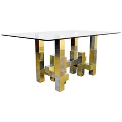 Paul Evans Cityscape Style Chrome, Brass and Glass Dining Room Table