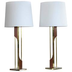 Pair of Large Laurel Brass and Walnut Table Lamps