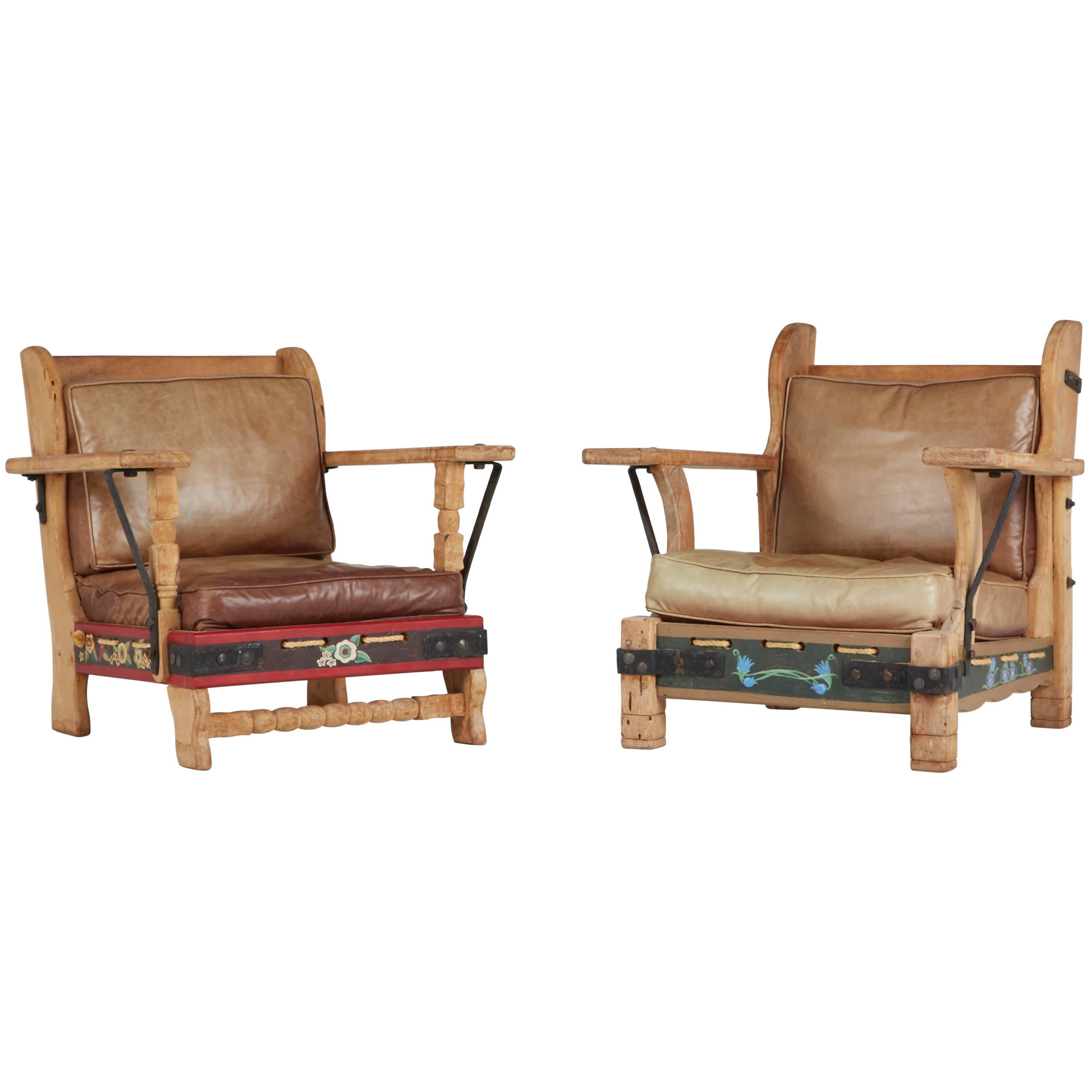 Very Rare His and Hers Monterey Classic Branded Leather and Oak Lounge Chairs