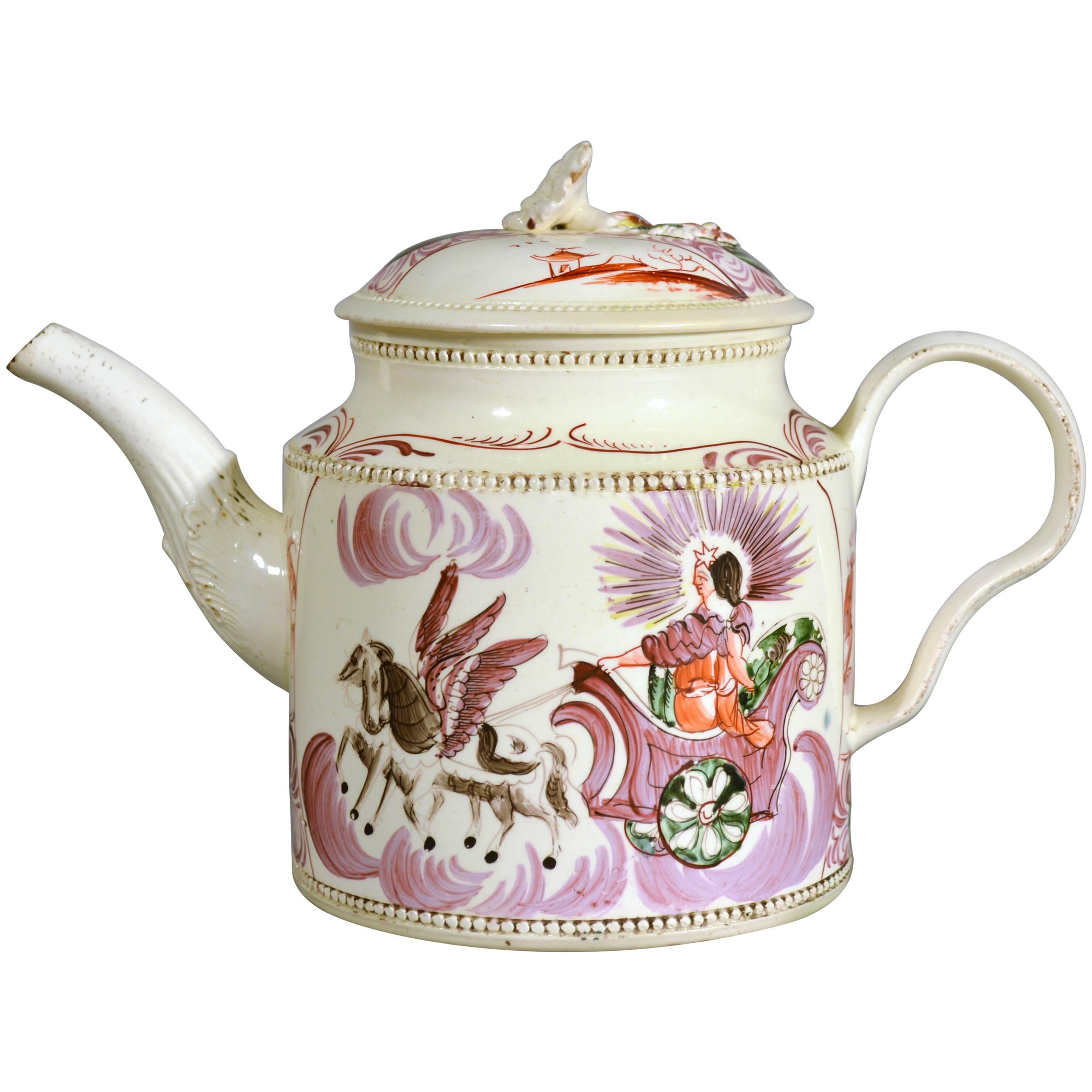 English Creamware William Greatbatch Pottery Teapot Decorated with Aurora, 1770s